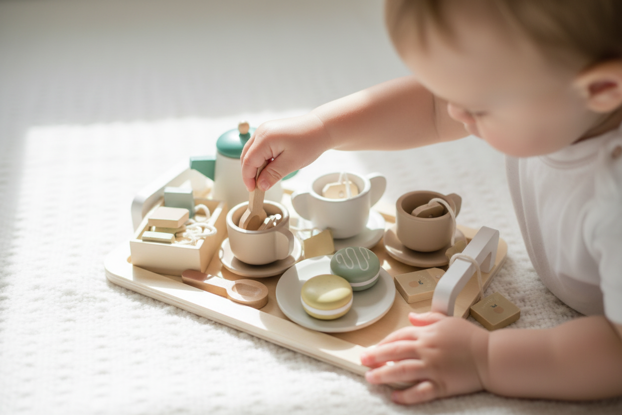 Dziecko bawiące się drewnianymi zabawkami Montessori